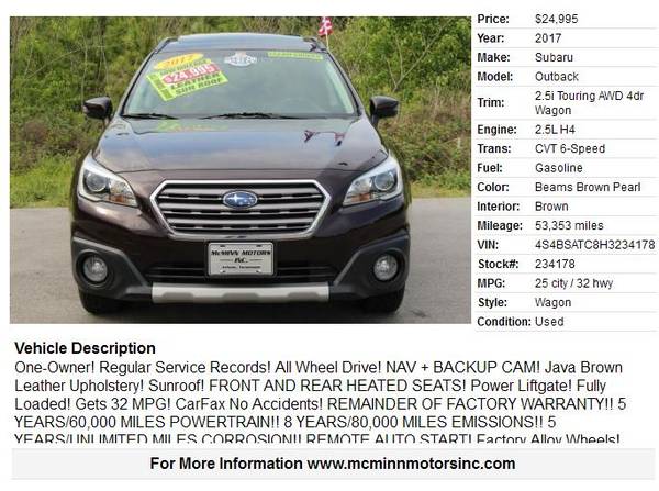 2017 Subaru Outback 2 5i Touring AWD - One Owner! Low Miles! LOADED! for sale in Athens, TN – photo 2