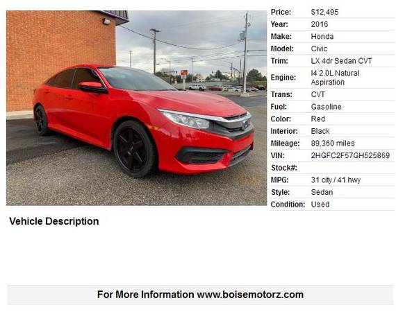 2016 Honda Civic LX 4dr ~~~~~~~LIKE NEW~~~~~SUPER CLEAN~~~~~LOW... for sale in Boise, ID – photo 2