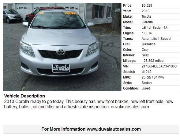2010 Toyota Corolla LE 4dr Sedan 4A 126392 Miles for sale in Turner, ME – photo 2