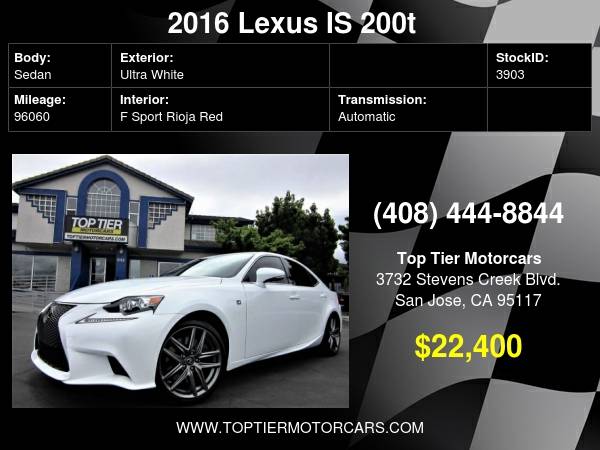 2016 Lexus IS 200t F Sport, Rioja Red interior, Navigation, Loaded!... for sale in San Jose, CA – photo 2