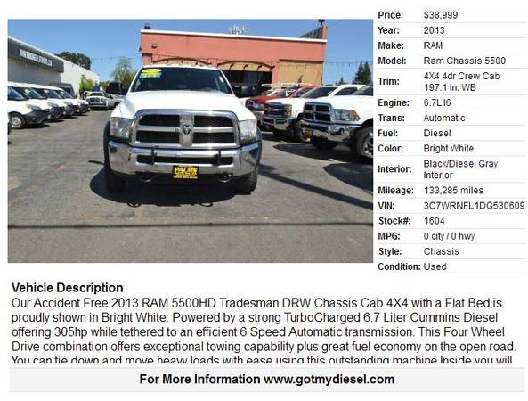 2013 Ram 5500 DRW 4x4 Chassis Cab Cummins Diesel Utility Truck for sale in Citrus Heights, NV – photo 2