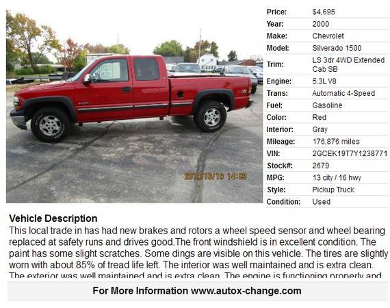 2000 Chevrolet Silverado 1500 LS 3dr 4WD Extended Cab SB 176876 Miles for sale in Neenah, WI – photo 2
