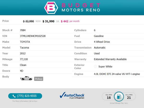 2012 Toyota Tacoma TRD Sport Pickup 77, 118 526/mo for sale in Reno, NV – photo 2