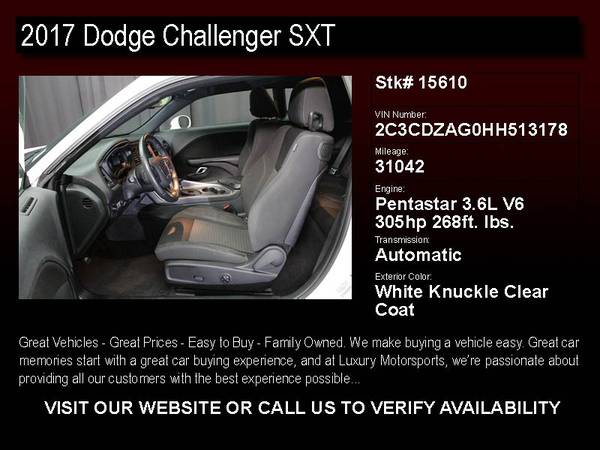15610 - 2017 Dodge Challenger SXT CARFAX 1-Owner w/BU Cam Prem Whls for sale in Phoenix, AZ – photo 2