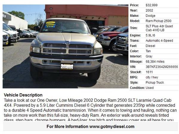 2002 Dodge Ram 2500 4x4 SLT Quad Cab Laramie Cummins Diesel - cars & for sale in Citrus Heights, NV – photo 2