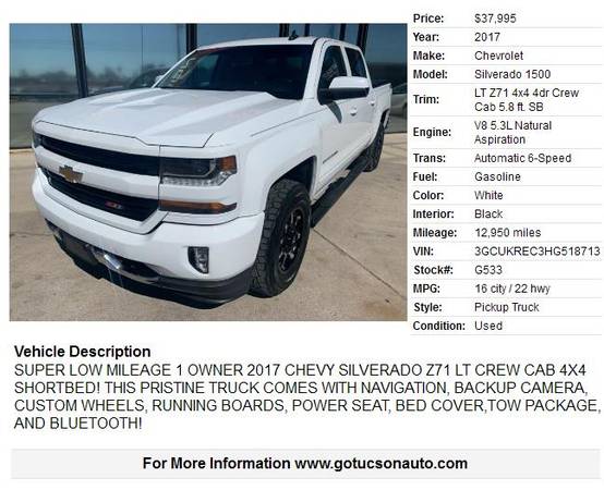 2017 CHEVROLET SILVERADO Z71 DOUBLE CAB 4X4 ... 1 OWNER! ONLY 12K!!!... for sale in Tucson, AZ – photo 2