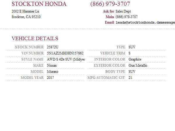 2017 Nissan Murano S SKU: 25872U Nissan Murano S - - by for sale in Stockton, CA