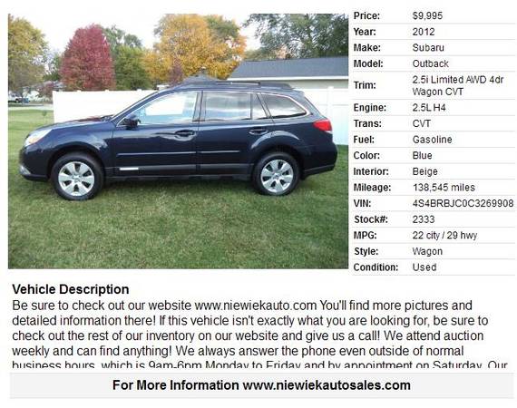 2012 Subaru Outback 2.5i Limited stk #2333 - cars & trucks - by... for sale in Grand Rapids, MI – photo 2