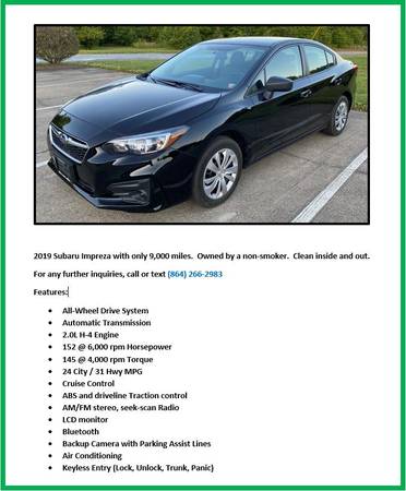 2019 Subaru Impreza only 9, 000 miles for sale in Other, TN