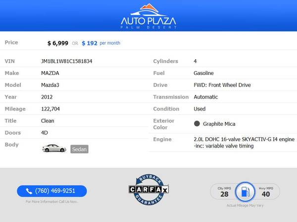 2012 Mazda Mazda3 Mazda 3 Mazda-3 i Grand Touring 192/mo Loaded for sale in Palm Desert , CA – photo 2
