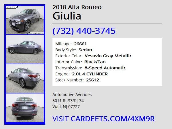 2018 Alfa Romeo Giulia, Vesuvio Gray Metallic - cars & trucks - by... for sale in Wall, NJ – photo 22