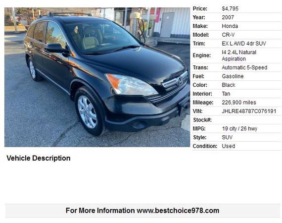 2007 Honda CR-V EX L AWD 4dr SUV - - by dealer for sale in Methuen, MA – photo 2