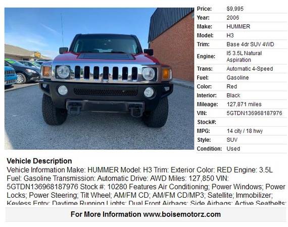 2006 HUMMER H3 ~~~~~~ 4WD ~~~~~~RED~~~~SUPER CLEAN for sale in BOISE MOTORZ 5859 W FAIRVIEW AVE 322-392, ID – photo 2