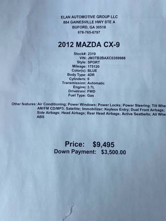 2012 Mazda CX9, 3rd row, Runs/drives great! Open Sunday 12-5 - cars & for sale in Buford, GA – photo 8