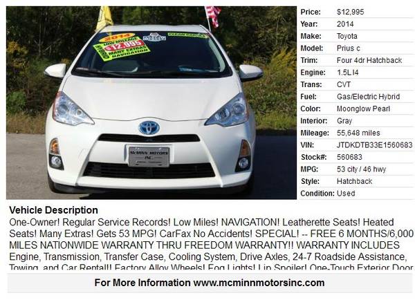 2014 Toyota Prius c - 1 Owner! ONLY 55K Miles! Navigation! 53 MPG! -... for sale in Athens, TN – photo 2
