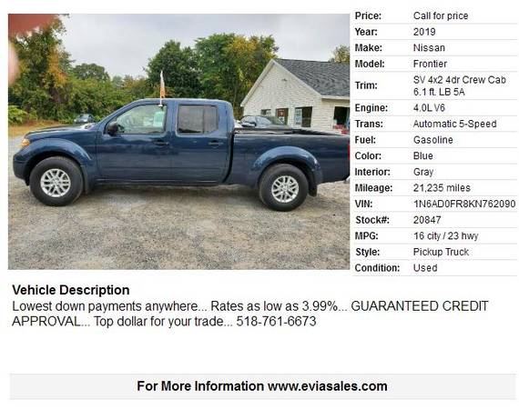 19 NISSAN FRONTIER 4 DOOR...ONLY 21K MILES! GUARANTEED CREDIT... for sale in Glens Falls, NY – photo 2