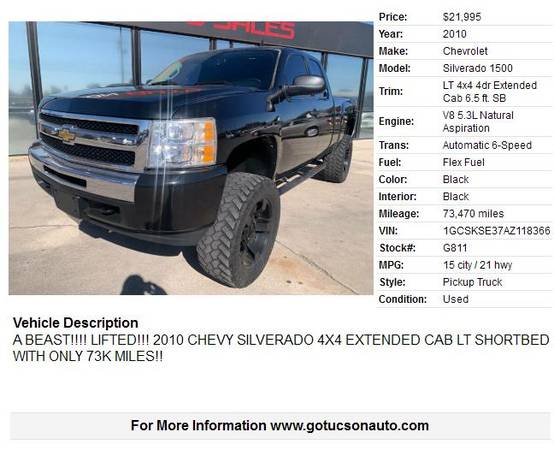 LIFTED 2010 CHEVROLET SILVERADO 4X4 EXTENDED CAB ..... ONLY 73K... for sale in Tucson, AZ – photo 2