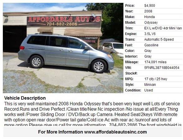 2008 Honda Odyssey EX L /DVD /Power Sliding Door for sale in Indian Trail, NC – photo 2