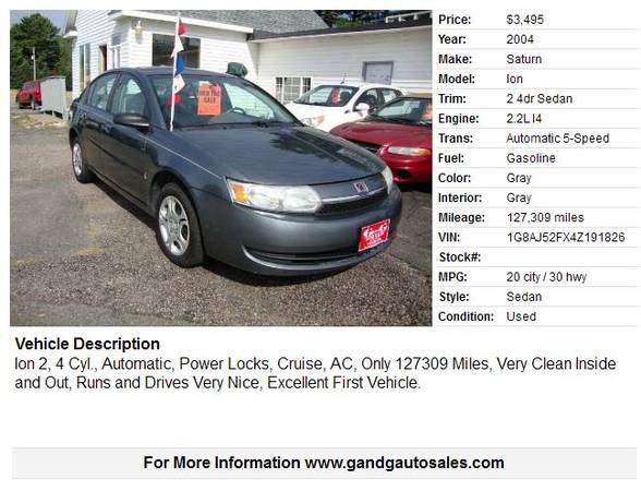 2004 Saturn Ion 2 4dr Sedan 127309 Miles for sale in Merrill, WI – photo 2