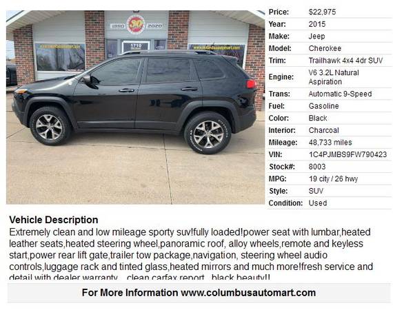 2015 Jeep Cherokee Trailhawk - - by dealer - vehicle for sale in Columbus, NE – photo 2