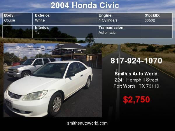 2004 Honda Civic 2dr Cpe VP Auto your job is your credit for sale in Fort Worth, TX