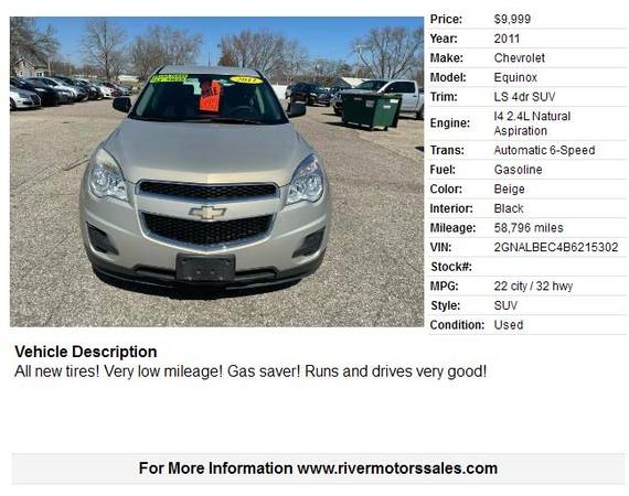 2011 Chevrolet Equinox LS 4dr SUV 58796 Miles - - by for sale in Portage, WI – photo 2