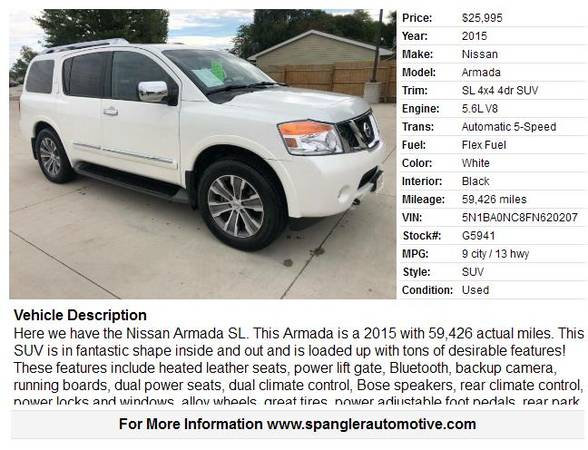 2015 NISSAN ARMADA SL*ONLY 59K MILES*BACKUP CAMERA*HEATED LEATHER*4X4! for sale in Glidden, IA – photo 2