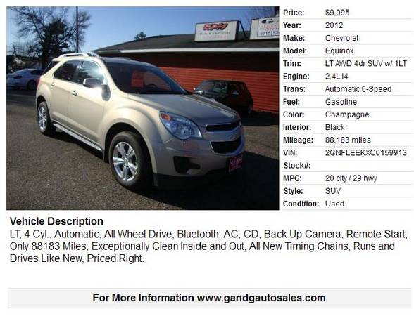 2012 Chevrolet Equinox LT AWD 4dr SUV w/ 1LT 88183 Miles - cars &... for sale in Merrill, WI – photo 2