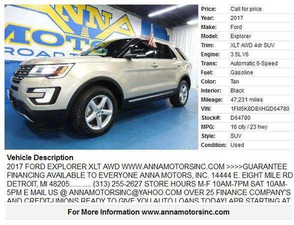 2017 FORD EXPLORER XLT 4WD,PAYMENT STARTING@$288*MONTHLY-STOP BY TODAY for sale in Detroit, MI – photo 2