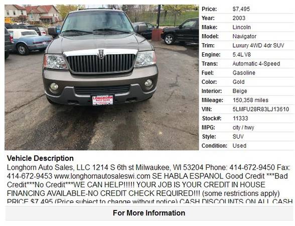 03 LINCOLN NAVIGATOR - - by dealer - vehicle for sale in milwaukee, WI – photo 2