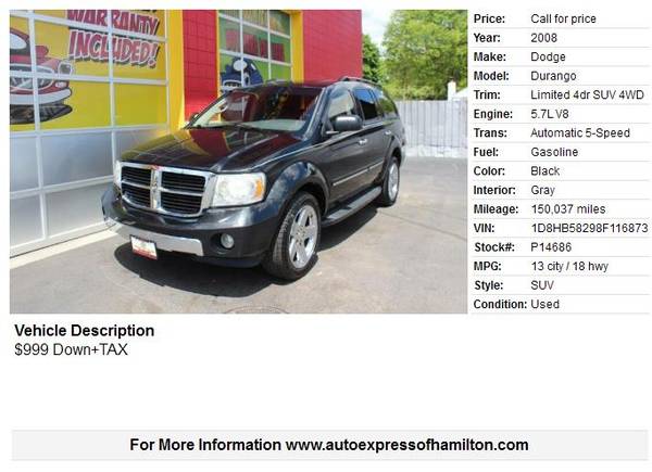 2008 Dodge Durango Limited 999 Down TAX Buy Here Pay Here - cars & for sale in Hamilton, OH – photo 2