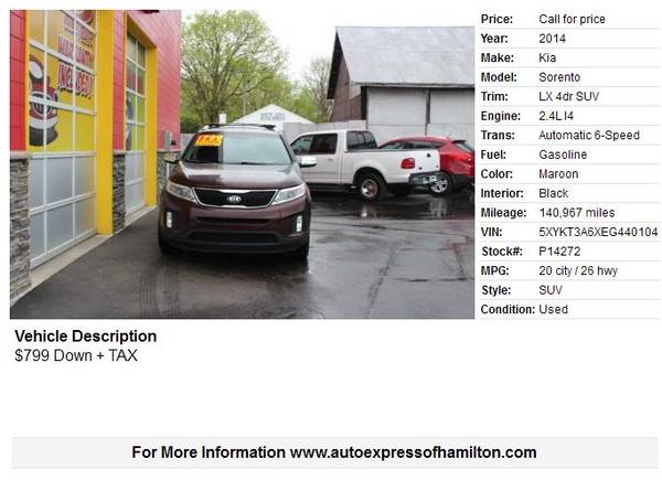2014 Kia Sorento 799 Down TAX BUY HERE PAY HERE for sale in Hamilton, OH – photo 2