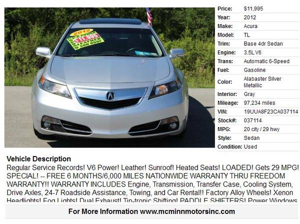 2012 Acura TL V6 - Regular Service Records! Leather! Sunroof!... for sale in Athens, TN – photo 2