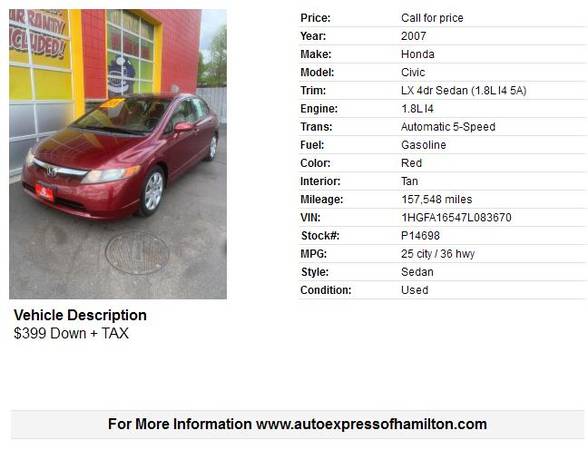 2007 Honda Civic 399 Down TAX BUY HERE PAY HERE for sale in Hamilton, OH – photo 2