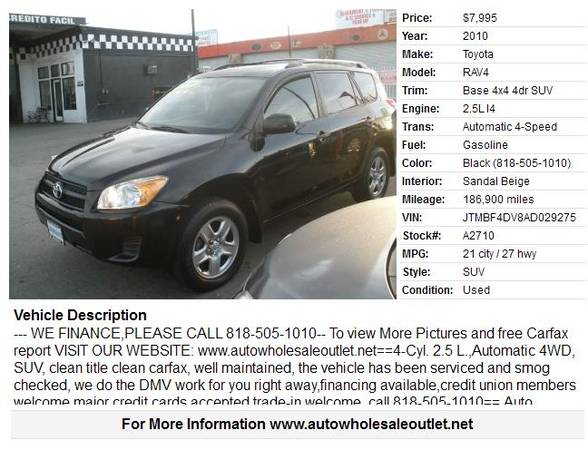 2010 Toyota RAV4 Base 4x4 4dr SUV - - by dealer for sale in North Hollywood, CA – photo 2