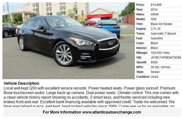 2014 Infiniti Q50 - - by dealer - vehicle automotive for sale in Durham, NC – photo 2