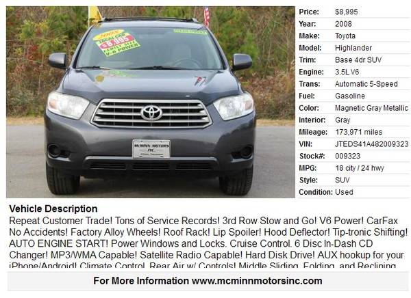 2008 Toyota Highlander V6 - Regular Services! Repeat Customer Trade!... for sale in Athens, TN – photo 2