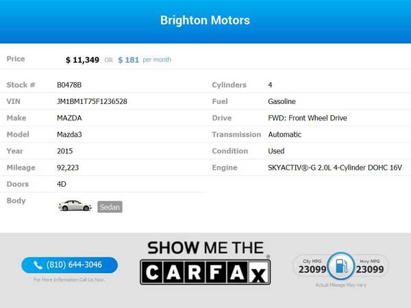 2015 Mazda Mazda3 Mazda 3 Mazda-3 i SV FOR ONLY 181/mo! - cars & for sale in Brighton, MI – photo 2