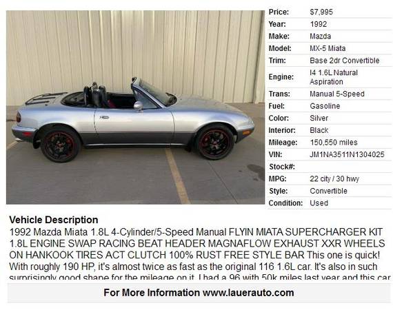 1992 Mazda Miata // SUPERCHARGED 1.8 // NEW CLUTCH // CLEAN! - cars... for sale in Clearwater, KS – photo 2