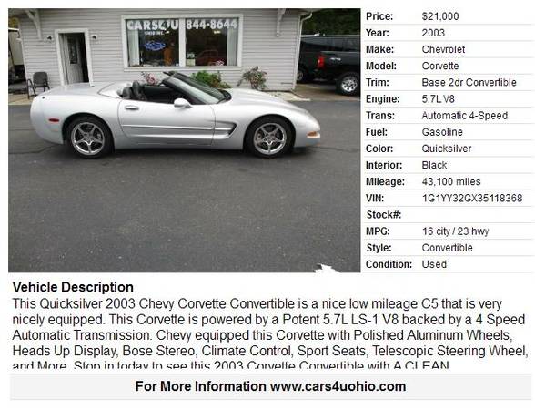 2003 Chevrolet Corvette Conv Reduced - cars & trucks - by dealer -... for sale in Hamilton, OH – photo 2