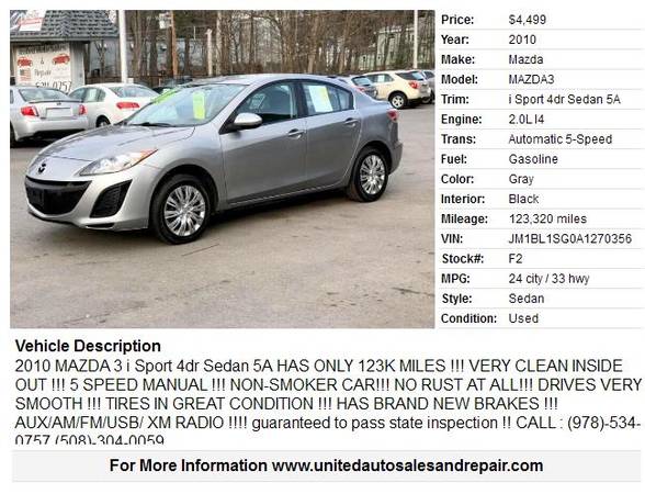 2010 MAZDA 3 i Sport 4dr Sedan 5A HAS ONLY 123K MILES - cars &... for sale in leominster, MA – photo 2