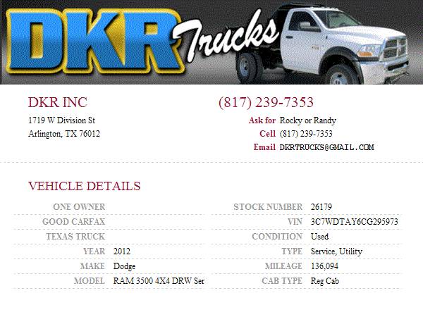2012 Dodge RAM 3500 4X4 DRW V8 Service UtilityTruck w/3200LB Crane for sale in Arlington, LA