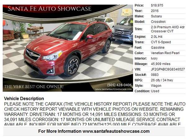 ★2016 Subaru Crosstrek 2.0i Premium AWD 4dr Crossover CVT 45909... for sale in Santa Fe, NM – photo 2