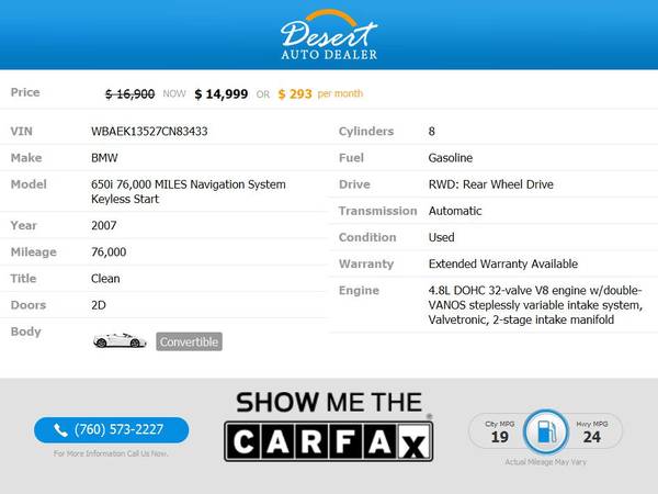 2007 BMW 650i 76,000 MILES Navigation System Keyless Start... for sale in Palm Desert , CA – photo 2