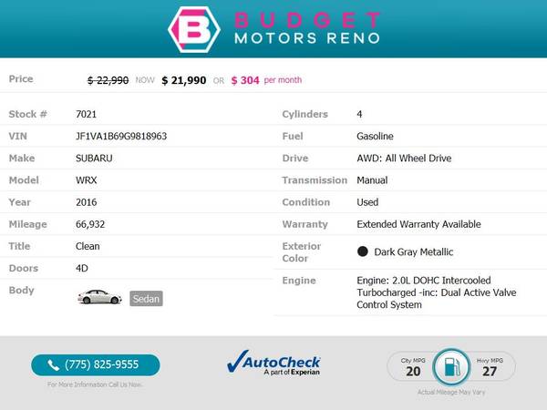2016 Subaru WRX Sedan 66, 932 357/mo - - by dealer for sale in Reno, NV – photo 2