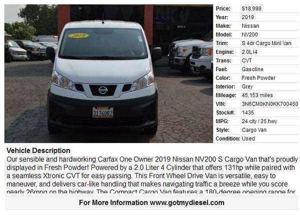 2019 Nissan NV 200 S 2 0 w/Backup Camera Cargo Van for sale in Citrus Heights, CA – photo 2