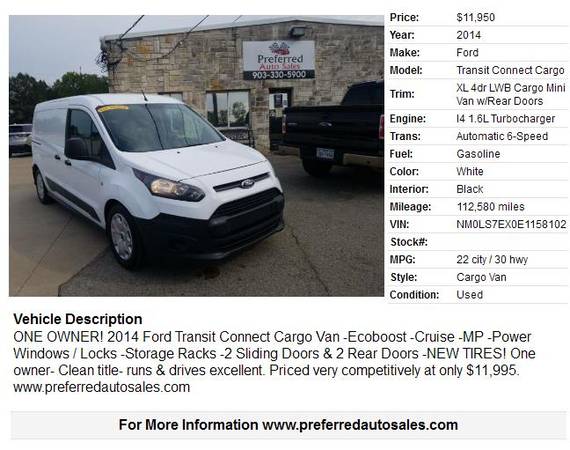 2014 Ford Transit Connect XL-1 OWNER! for sale in Tyler, TX – photo 2