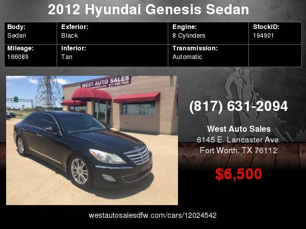 2012 Hyundai Genesis 4dr Sdn V8 5.0L Leather,sunroof navigation 6500... for sale in Fort Worth, TX