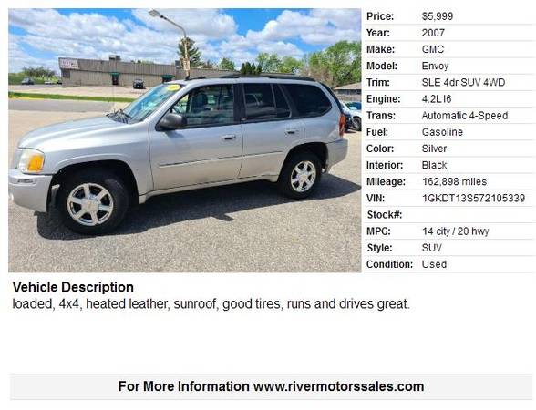 2007 GMC Envoy SLE 4dr SUV 4WD 162898 Miles - - by for sale in Portage, WI – photo 2