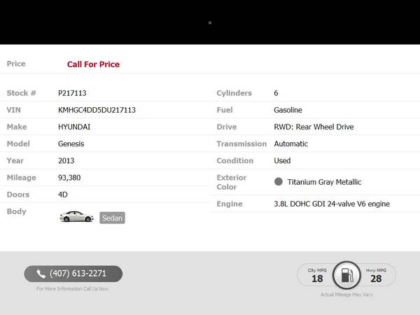 2013 Hyundai Genesis 3.8L Sedan for sale. CALL TODAY for sale in Maitland, FL – photo 2